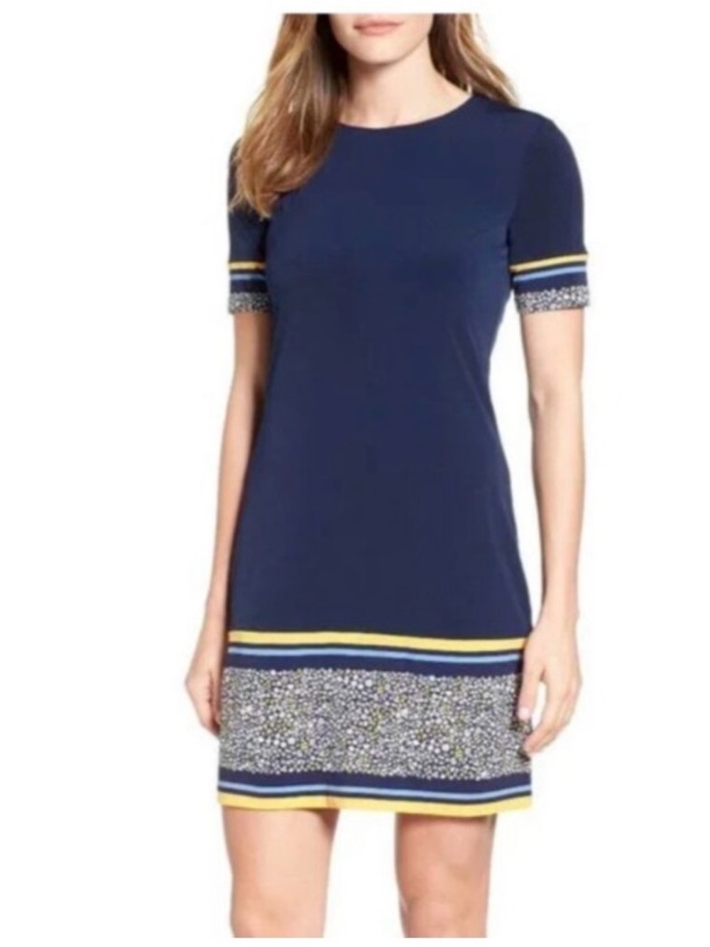 MICHAEL Michael Kors Navy Shift Dress with Yellow Stripe and Floral Band